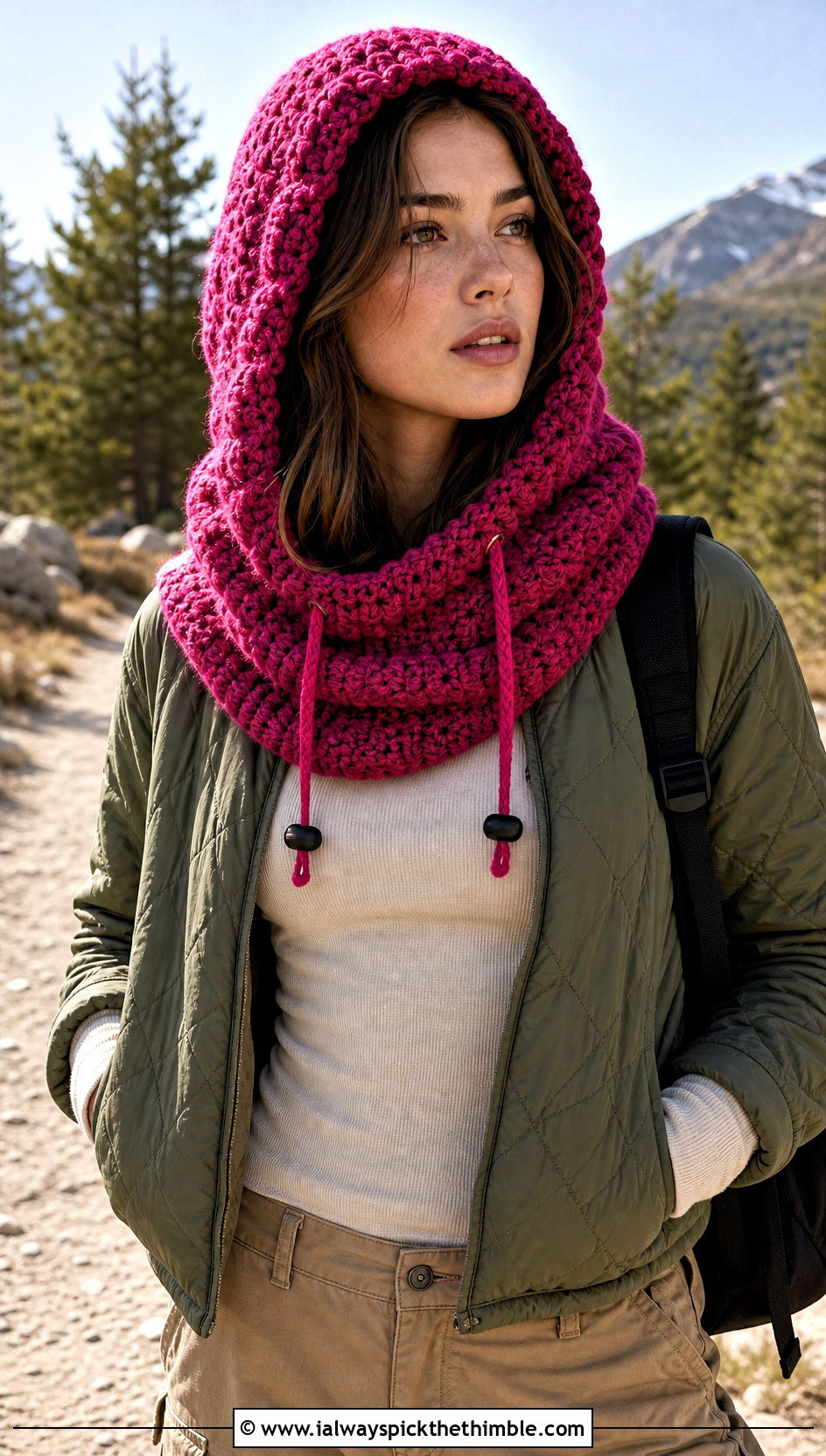 Drawstring Crochet Cowl Hood With Cargo Pants - 20 crochet cowl hood outfit ideas