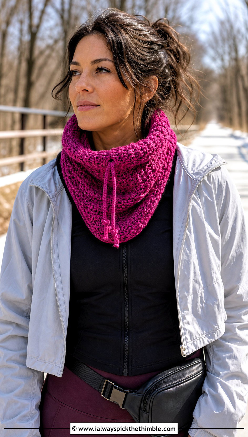 Drawstring Crochet Cowl With Athleisure Set - 25 crochet cowl neck warmer outfit ideas