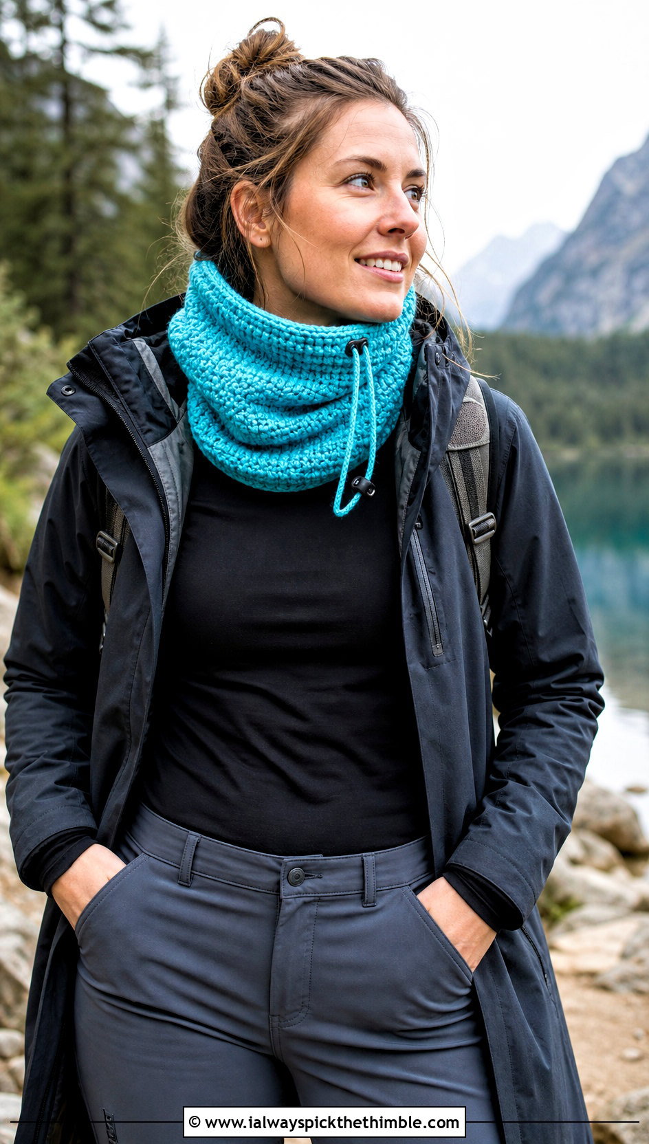 Drawstring Crochet Cowl With Parka And Hiking Pants - 25 crochet neck warmer cowls outfit ideas