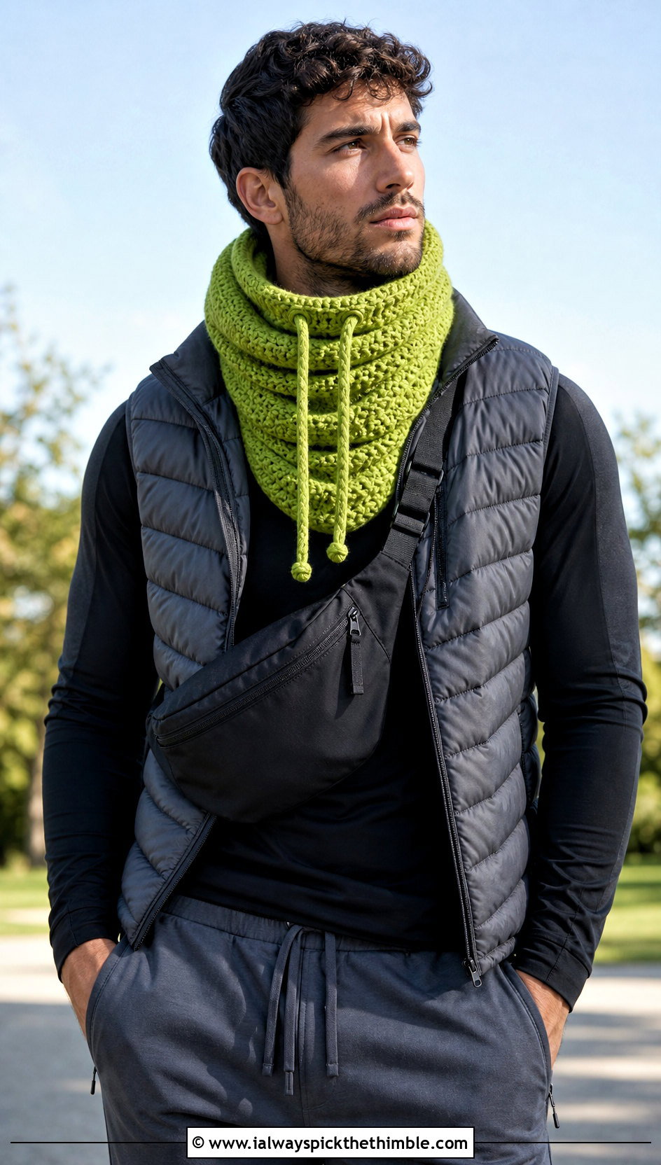 Drawstring Crochet Cowl With Puffer Vest - 20 Men Crochet Cowl outfit ideas