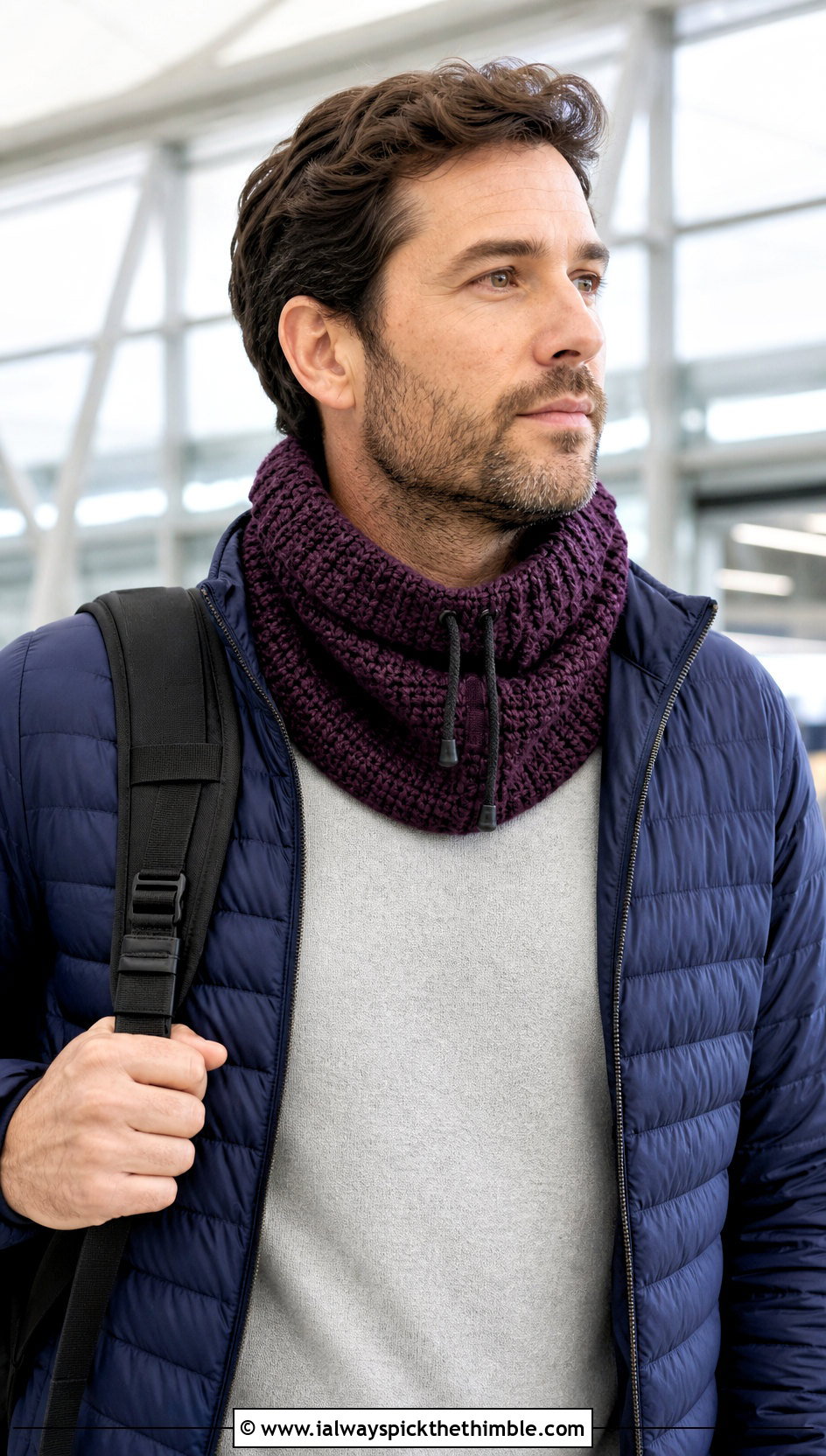 Drawstring Crochet Cowl With Travel Outfit - 20 crochet cowl for men outfit ideas