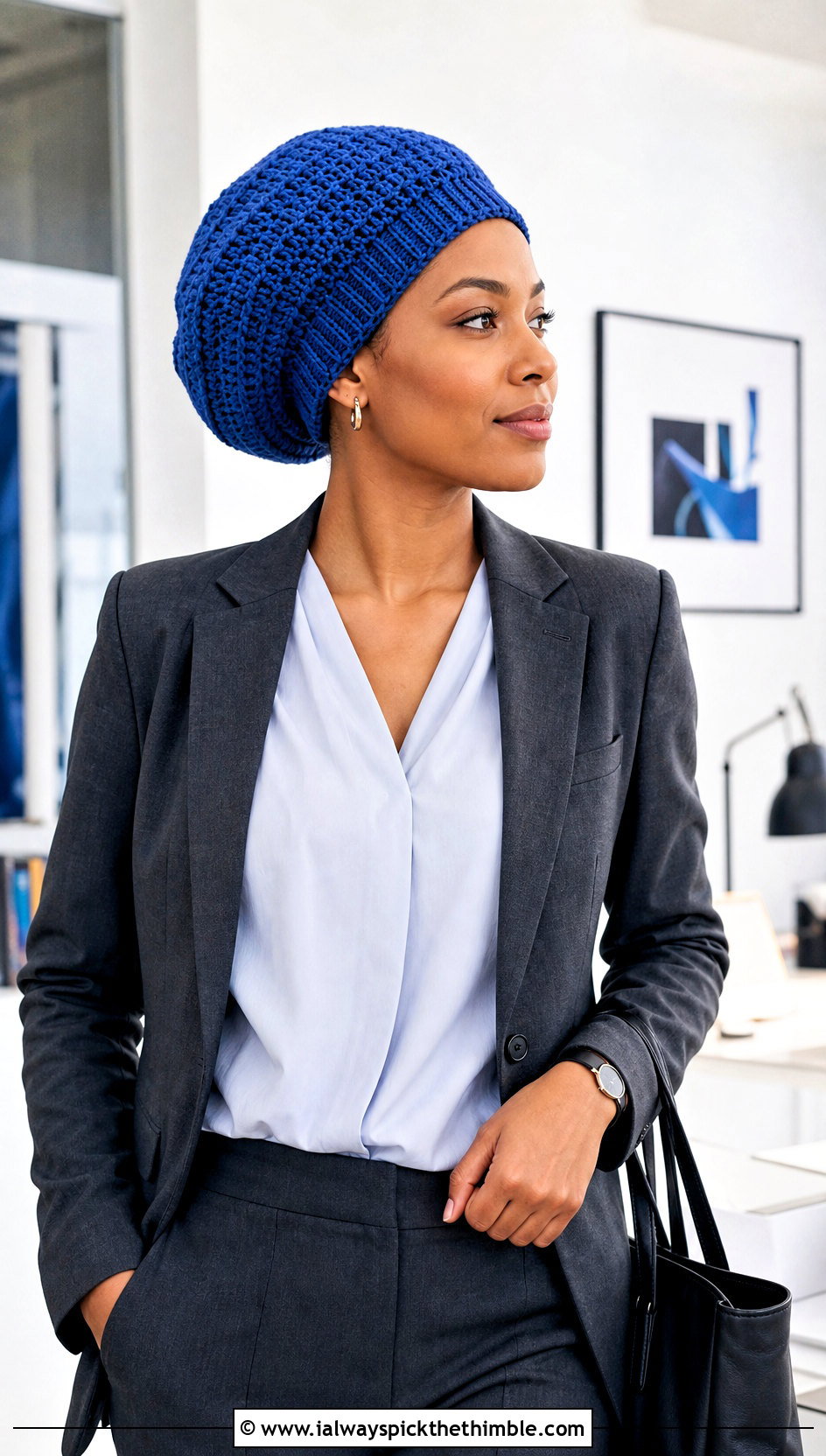 Drawstring Crochet Dreadlock Tam With Blazer And Tailored Trousers - 15 Crochet Bob Marley Hat outfit ideas