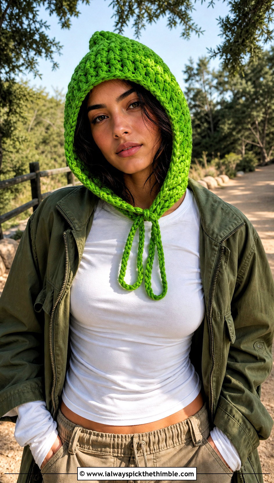 Drawstring Crochet Hood Hat With Utility Jacket - 20 crochet hood hat outfit ideas