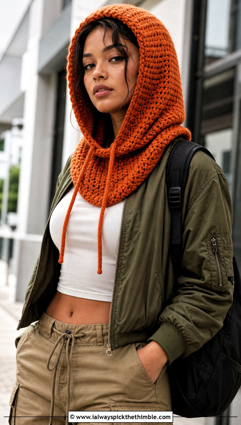 Drawstring Crochet Hooded Cowl With Cargo Pants - 25 crochet hooded cowl outfit ideas