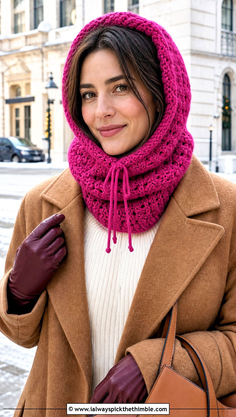 Drawstring Crochet Hooded Cowl With Long Wool Coat - 20 easy crochet hooded cowl outfit ideas