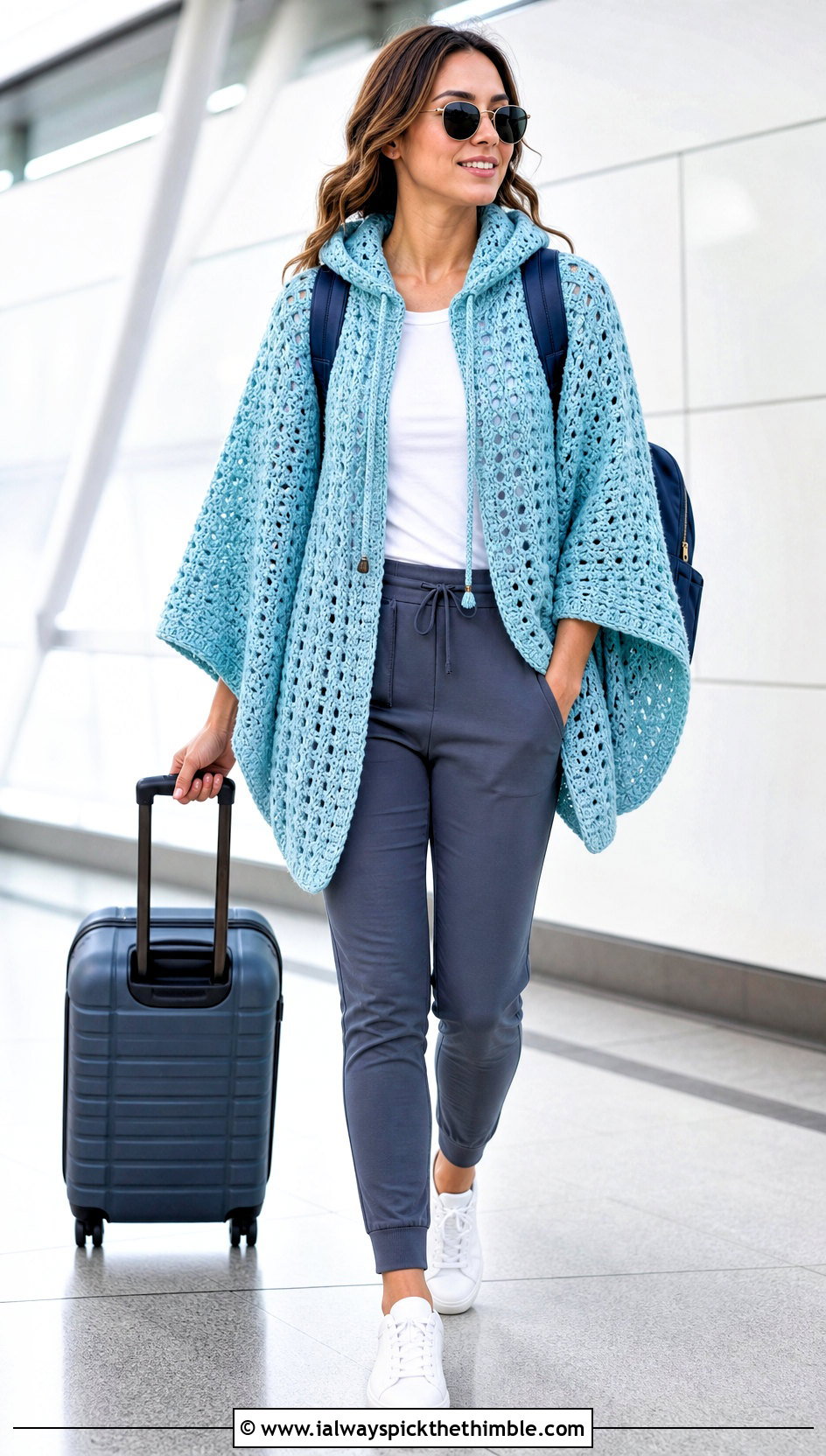 Drawstring Crochet Hooded Poncho With Joggers - 25 Crochet Hooded Poncho outfit ideas