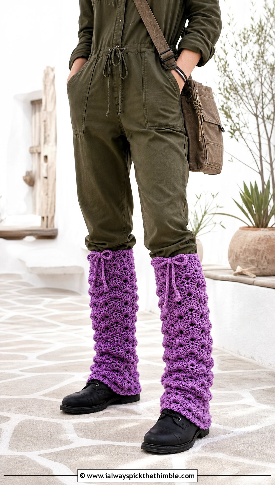 Drawstring Crochet Leg Warmers With A Utility Jumpsuit - 25 crochet leg warmer outfit ideas