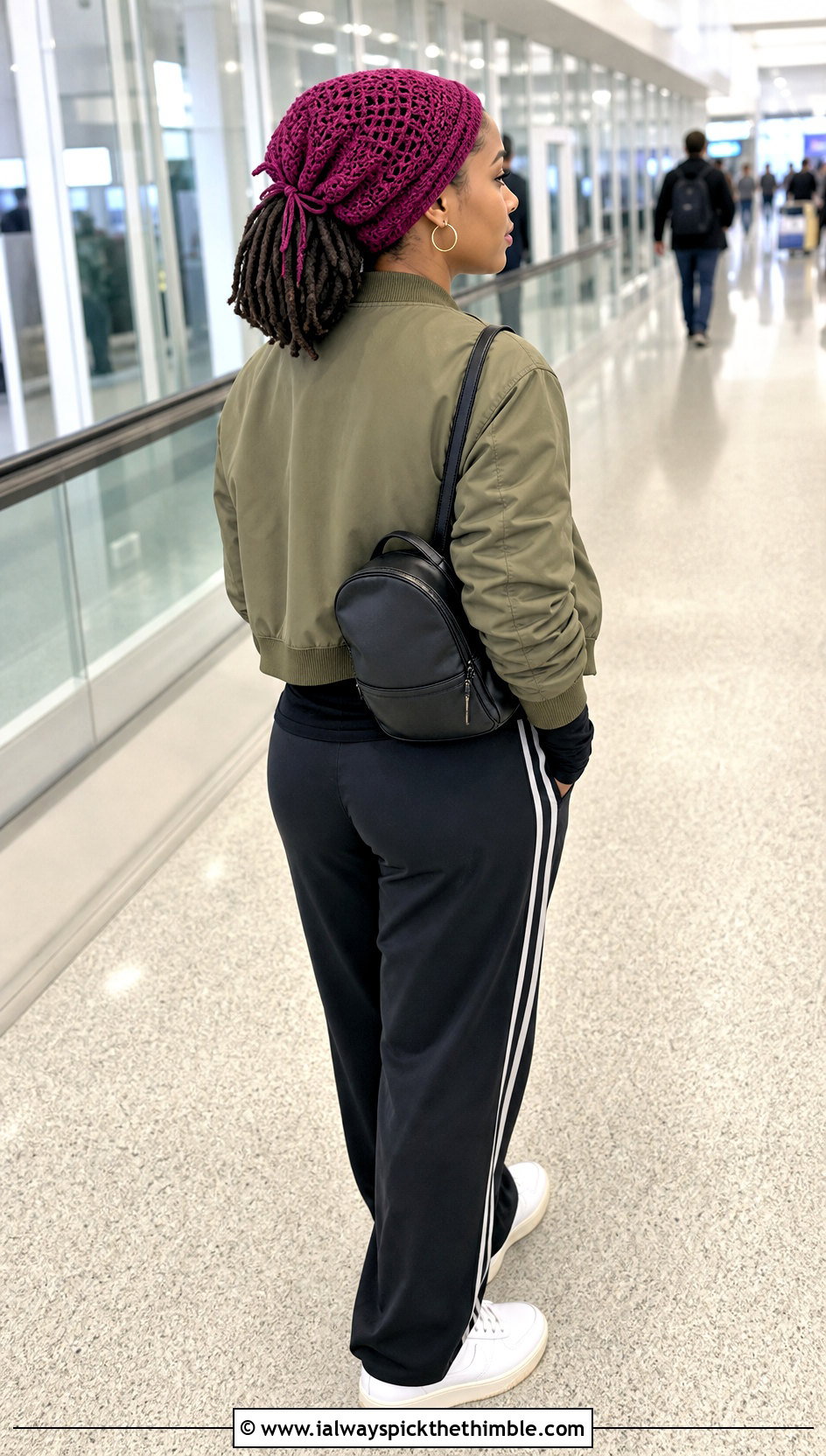 Drawstring Crochet Loc Cap With Bomber Jacket And Track Pants - 20 Crochet Dreadlock Hat outfit ideas