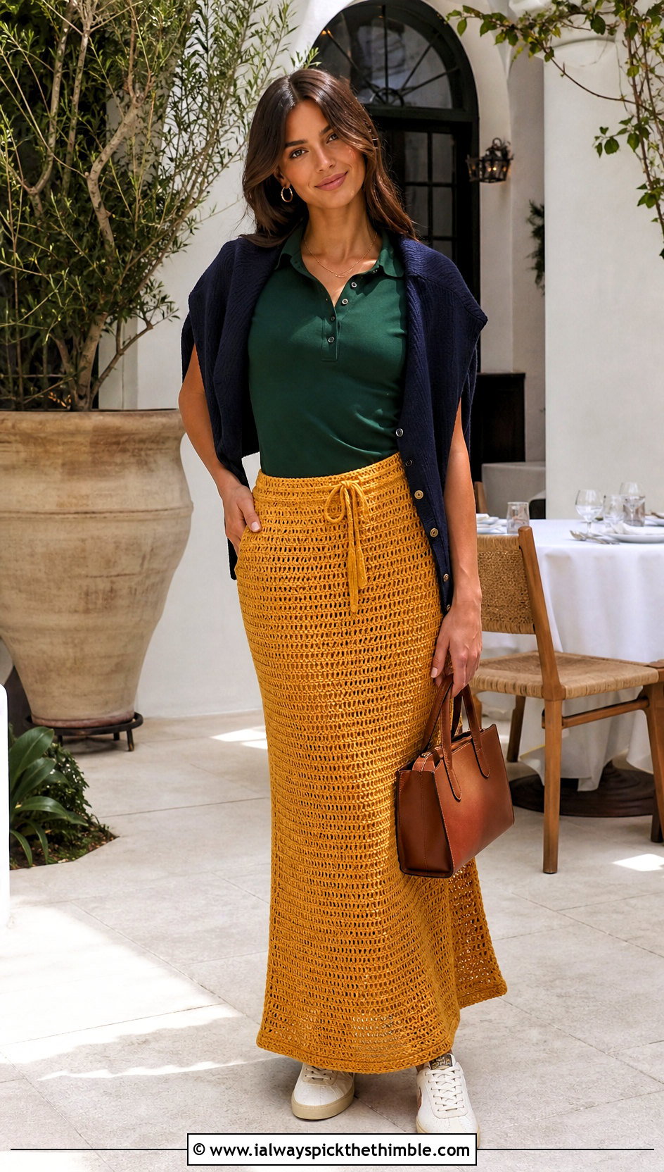Drawstring Crochet Maxi Skirt With Polo Shirt - 20 crocheted maxi skirt outfit ideas