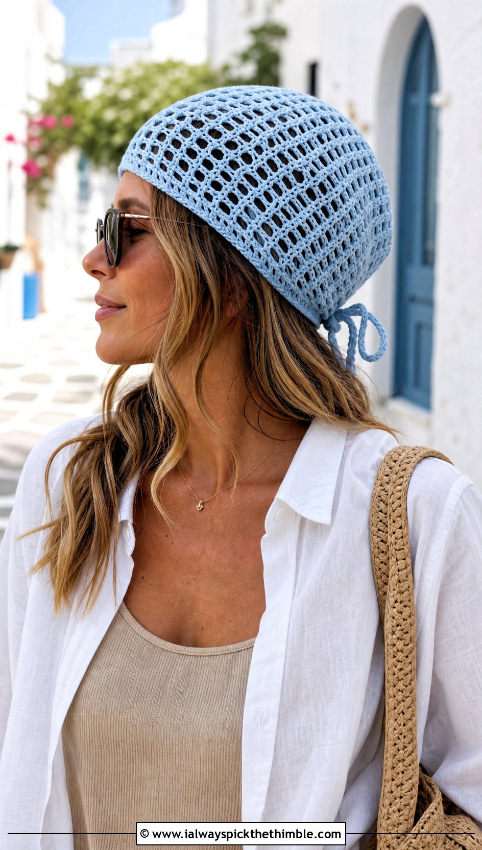 Drawstring Crochet Mesh Beanie With Linen Set - 20 crochet mesh beanie outfit ideas