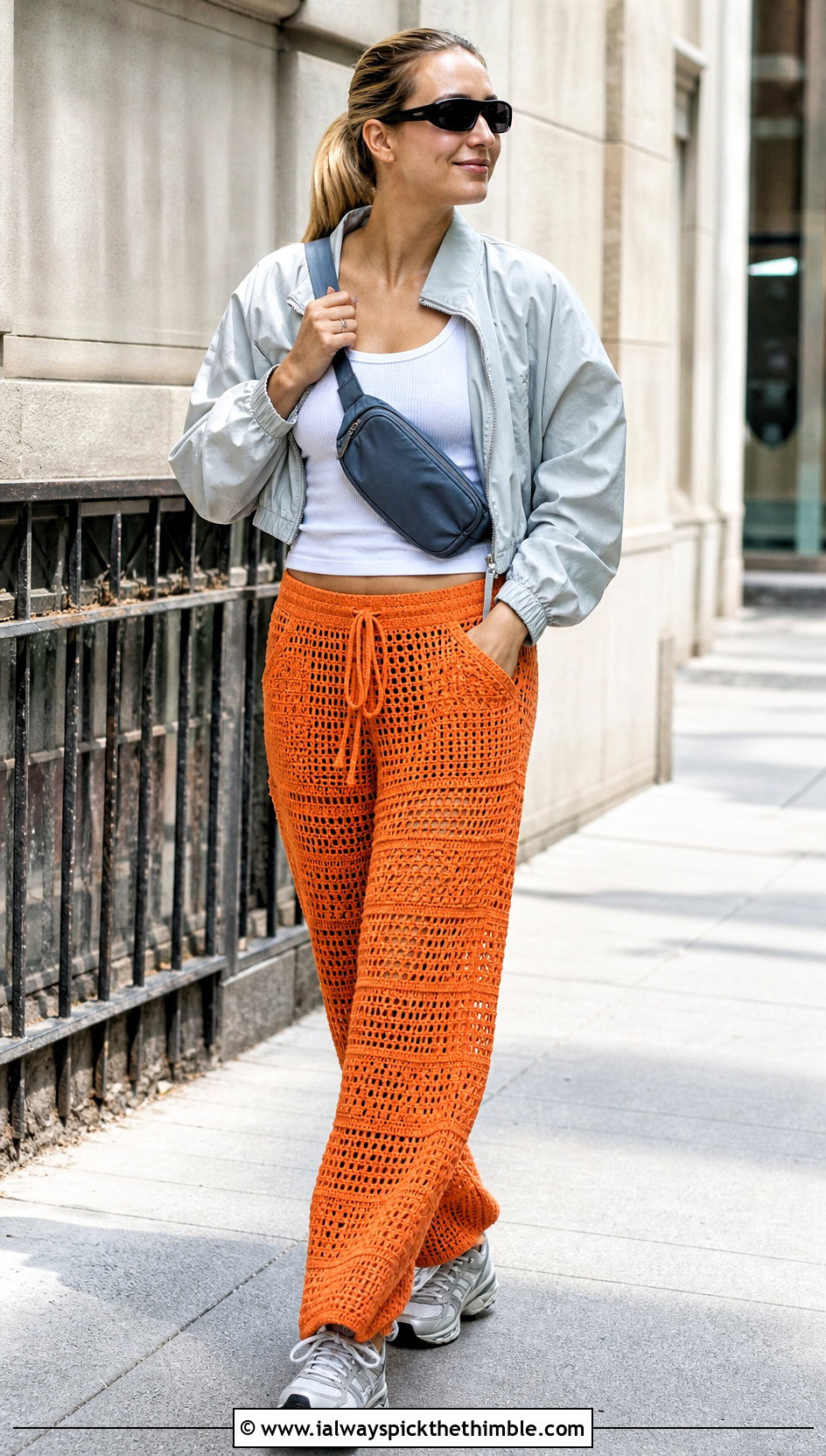 Drawstring Crochet Pants With Sporty Windbreaker - 20 women crocheted pants outfit ideas