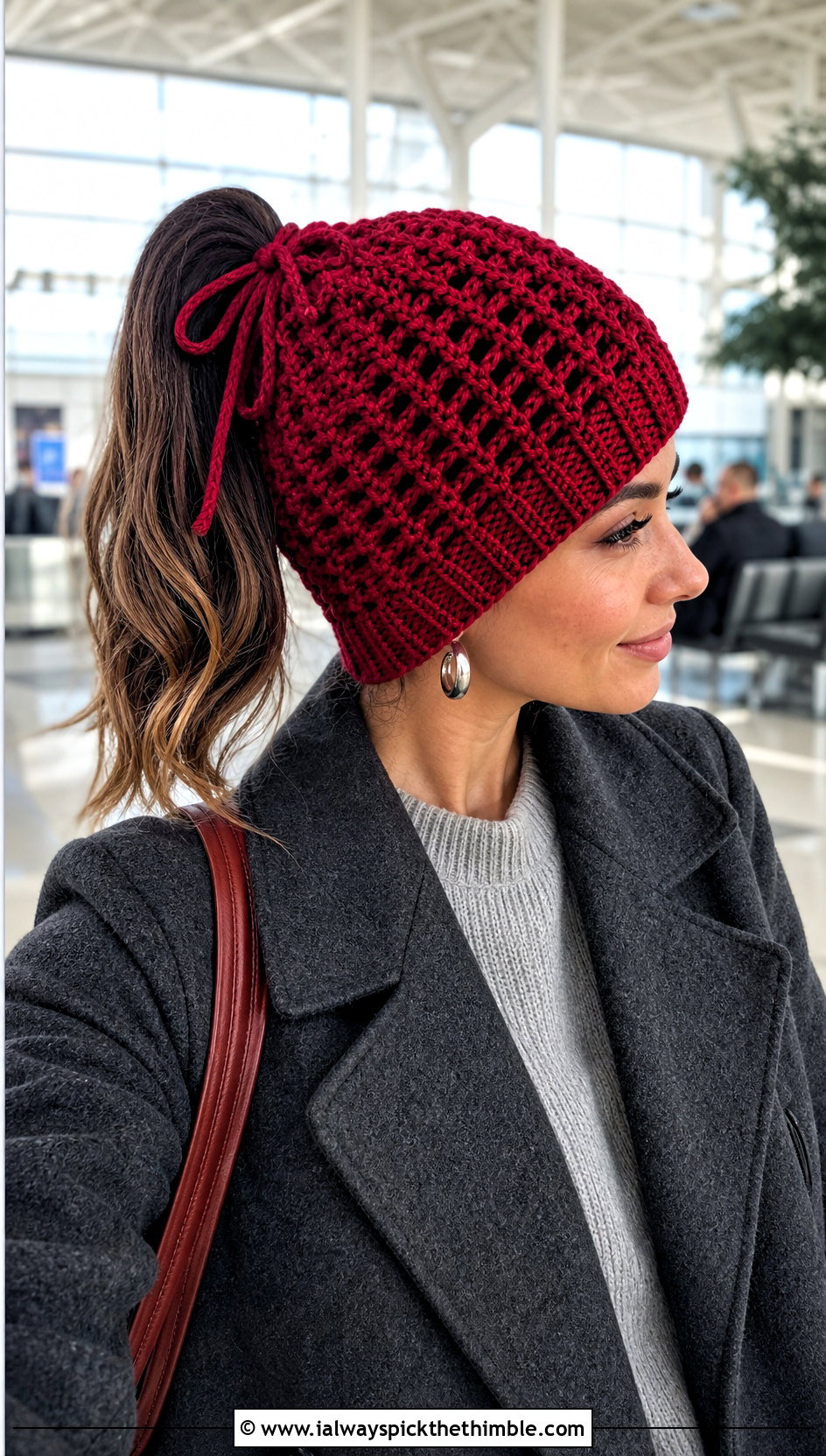 Drawstring Crochet Ponytail Beanie With Knit Set - 20 Crochet Beanie With Ponytail Hole Hat outfit ideas