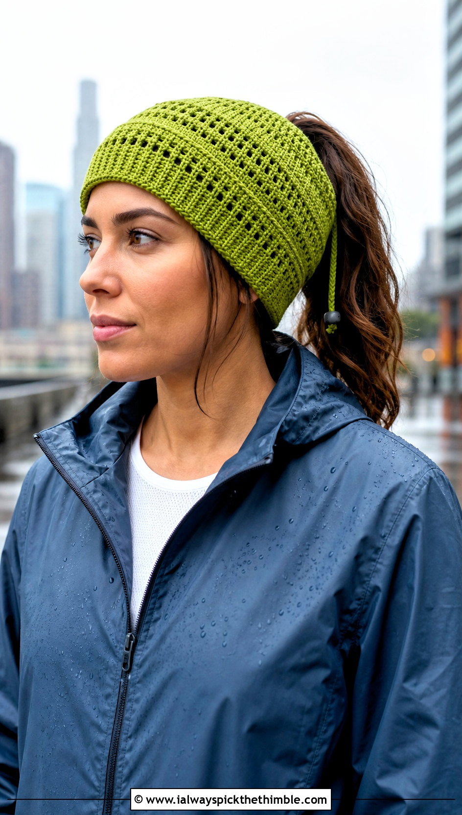 Drawstring Crochet Ponytail Hat With Rain Jacket - 20 easy crochet ponytail hat outfit ideas