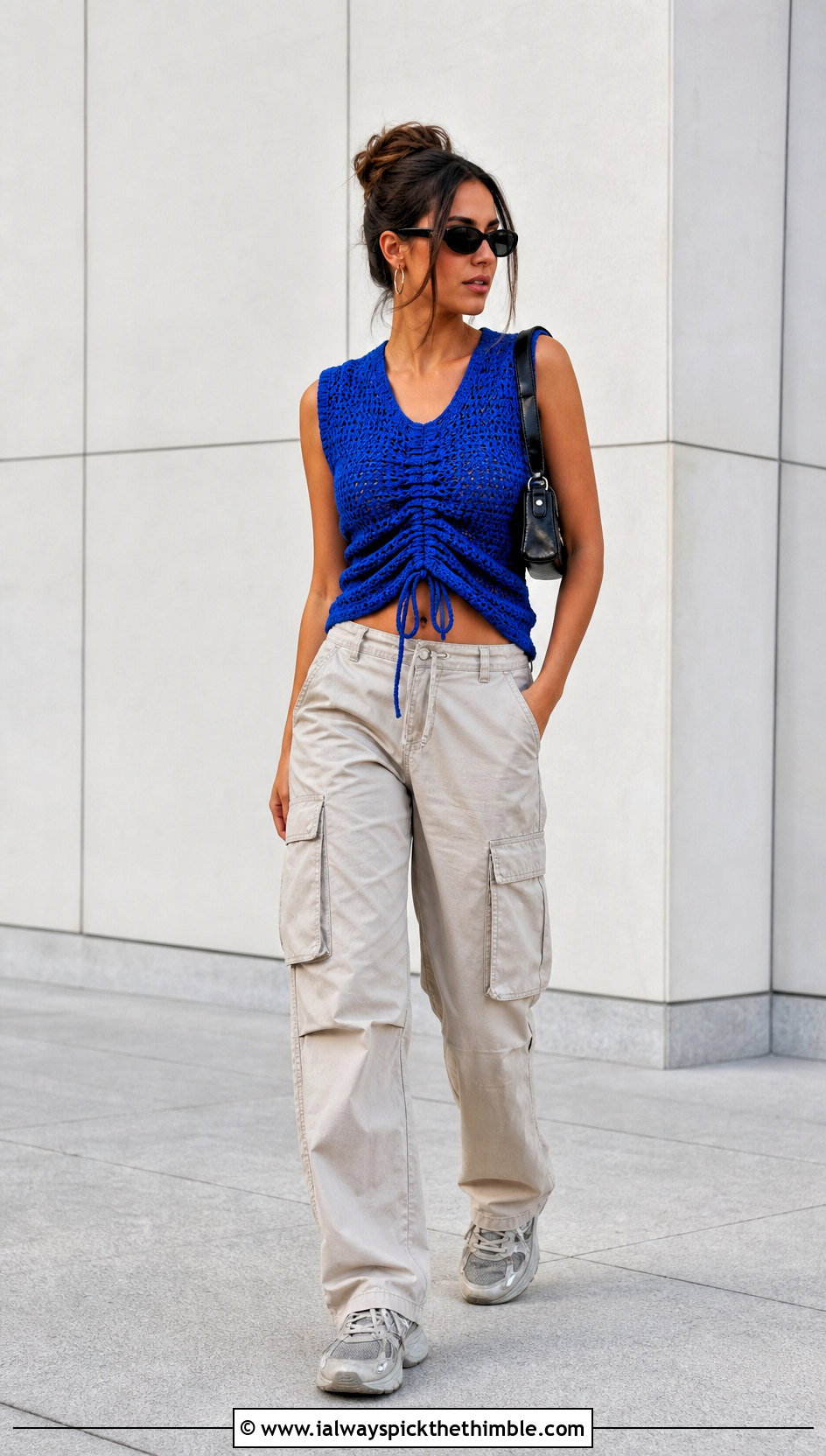 Drawstring Crochet Ruched Top With Cargo Pants - 20 crochet ruched top outfit ideas