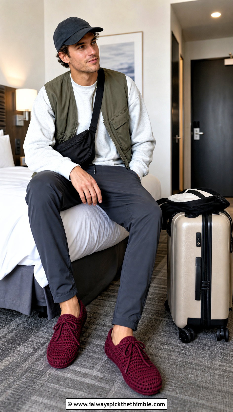 Drawstring Crochet Slippers With Travel Outfit - 20 crochet men's slippers outfit ideas
