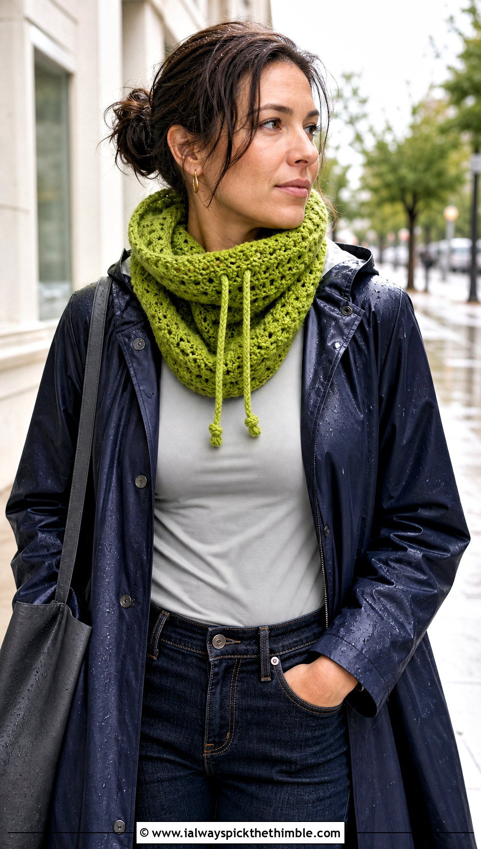 Drawstring Crochet Snood Cowl With Raincoat - 20 Simple Crochet Cowl outfit ideas