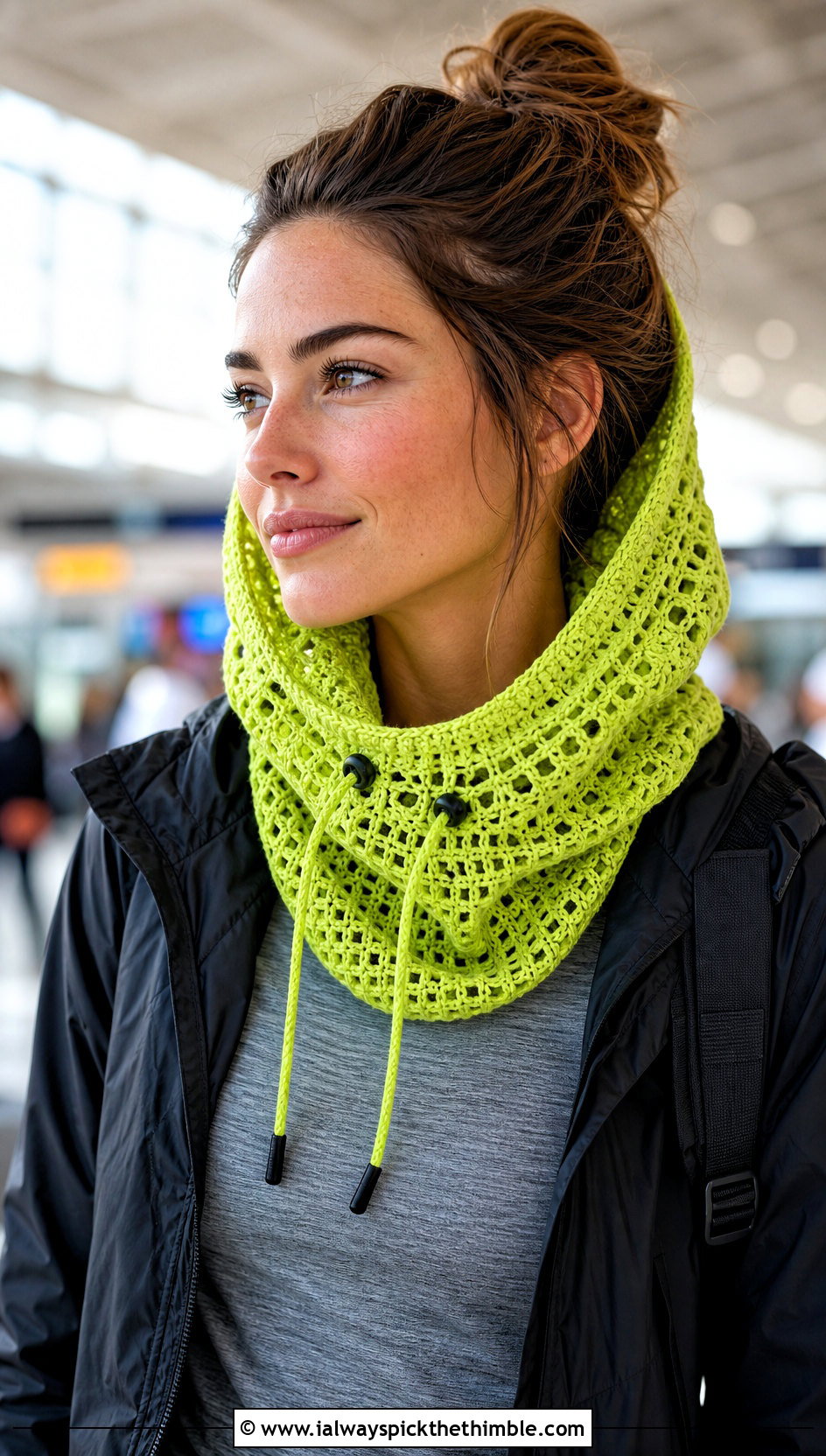 Drawstring Crochet Snood With Athleisure Outfit - 20 cowl crochet scarf outfit ideas