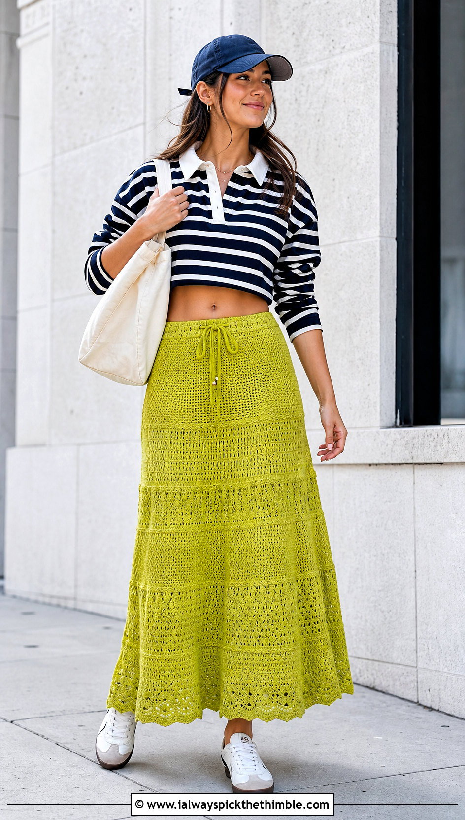 Drawstring Crochet Tiered Maxi Skirt With Rugby Shirt - 25 crochet tiered skirt outfit ideas