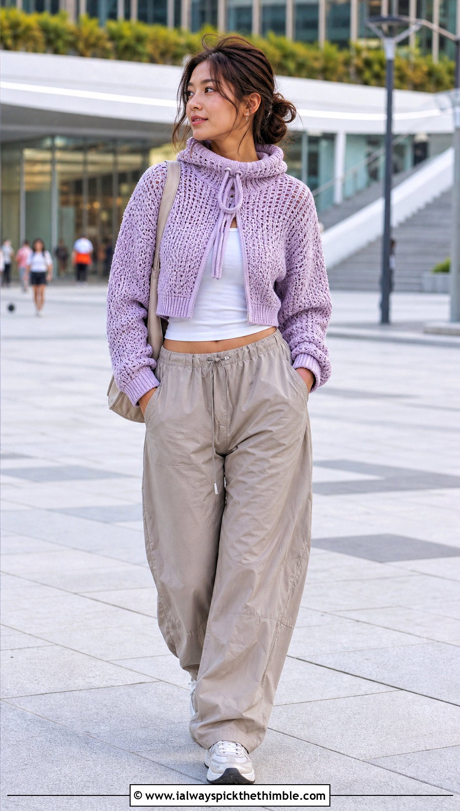 Drawstring Crochet Turtleneck Hoodie With Parachute Pants - 25 crochet turtleneck hoodie outfit ideas