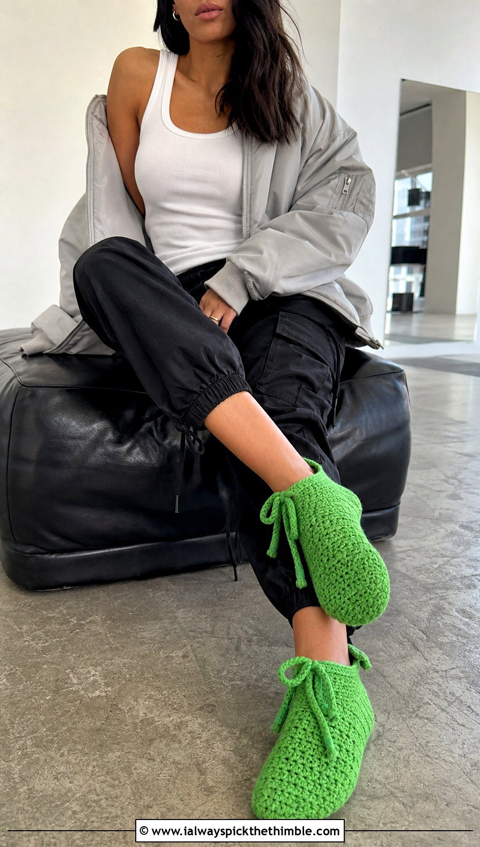 Drawstring Crocheted Slipper Socks With Cargo Pants - 15 Crocheted Slipper Socks outfit ideas