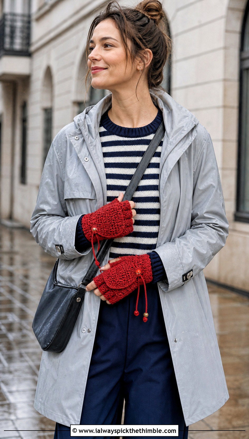 Drawstring Flap Crochet Gloves With Raincoat - 20 crochet fingerless gloves with flap outfit ideas