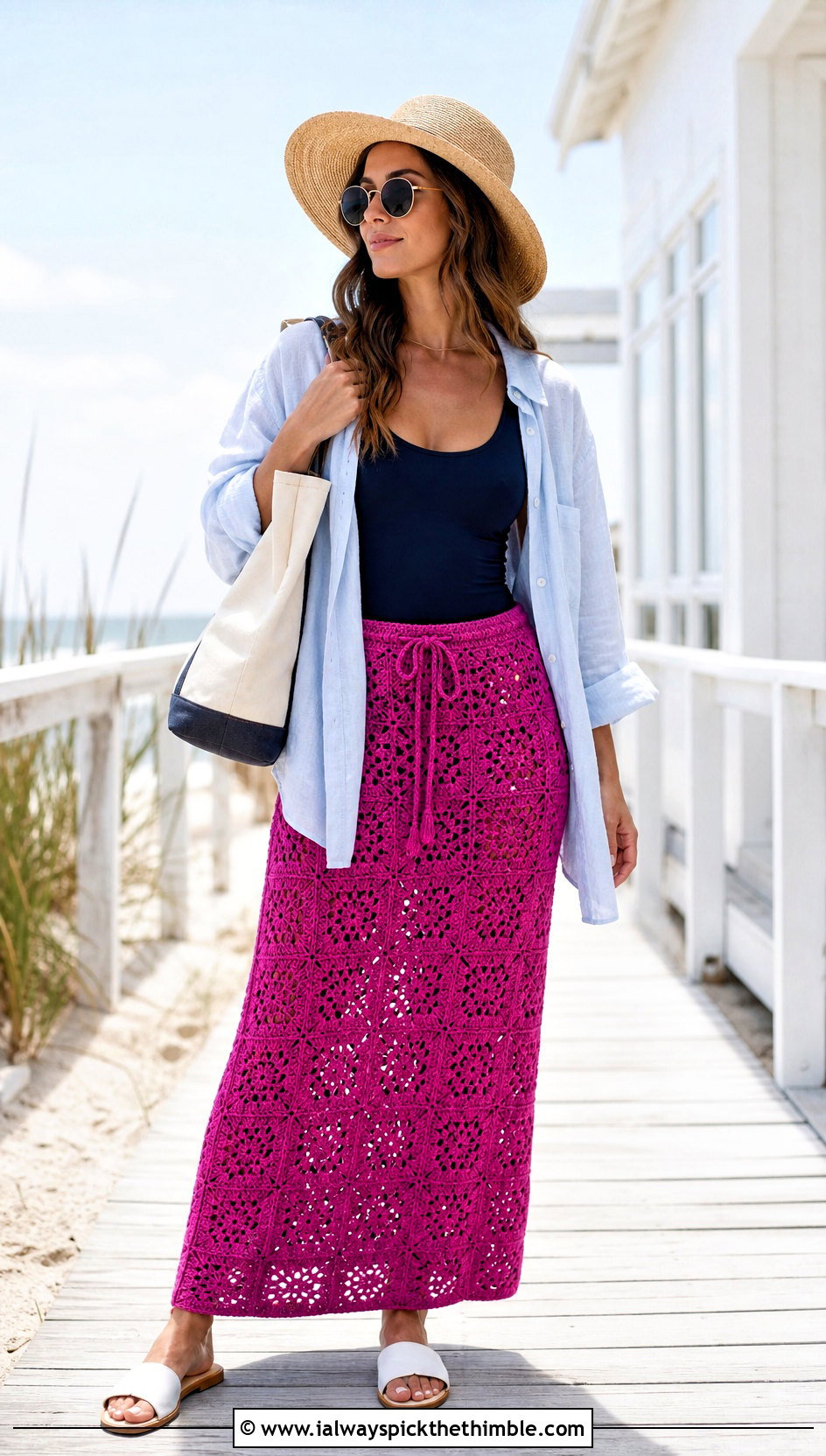 Drawstring Granny Square Beach Skirt With Swimsuit And Oversized Shirt - 25 crochet granny skirt outfit ideas