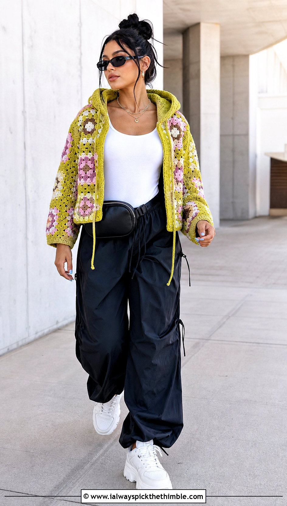 Drawstring Granny Square Hoodie With Parachute Pants - 25 granny square hoodie outfit ideas