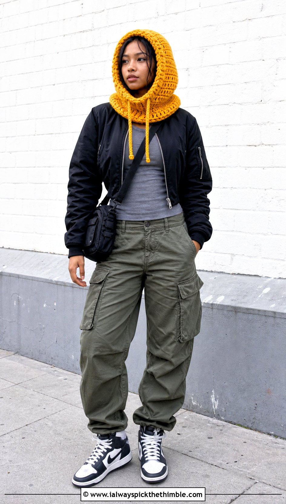 Drawstring Hood Crochet Cowl With Cargo Pants - 20 Wool Ease Thick And Quick Crochet Cowl outfit ideas