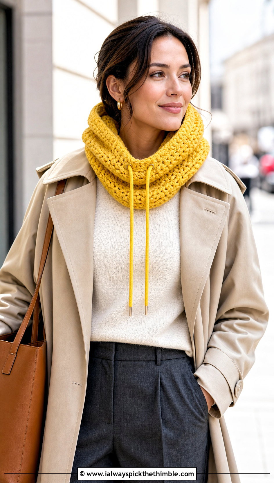 Drawstring Hooded Crochet Cowl Snood With Trench Coat - 20 hooded crochet cowl snood outfit ideas