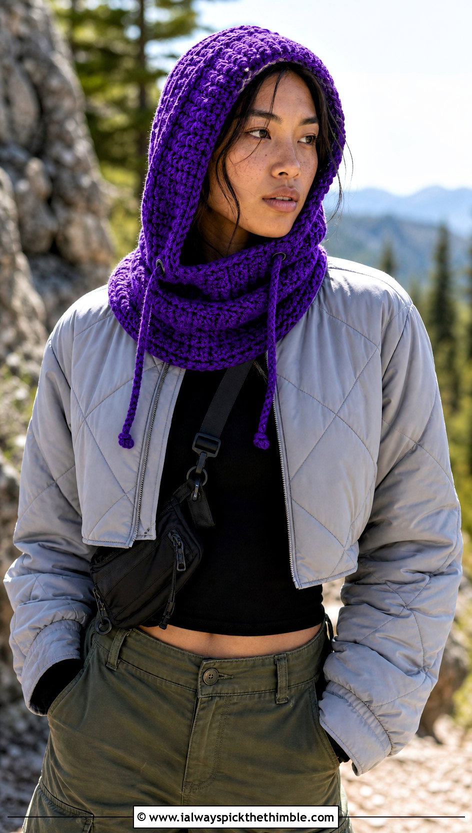 Drawstring Hooded Scarf With Cargo Pants - 25 crochet hood scarf outfit ideas