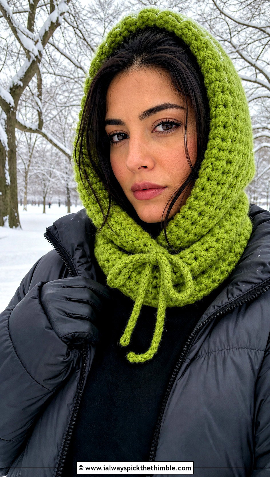 Drawstring Hooded Scarf With Puffer Coat - 20 crochet scarf with hood outfit ideas