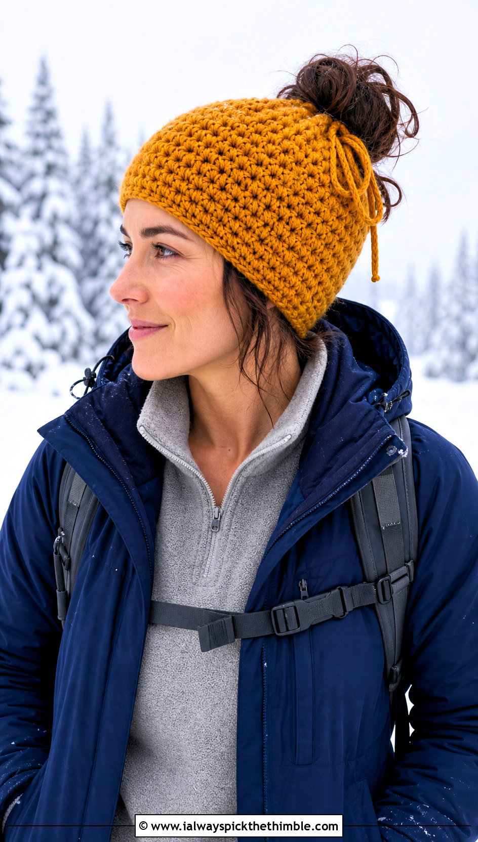 Drawstring Messy Bun Crochet Hat With Parka - 20 Easy Messy Bun Crochet Hat outfit ideas