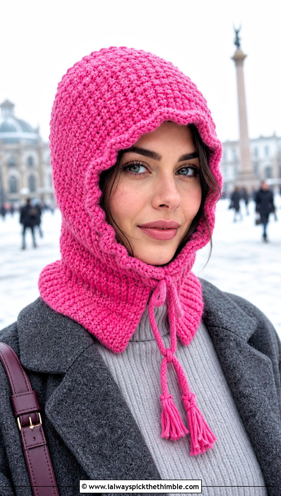 Drawstring Pink Crochet Balaclava With Sweater Dress - 20 Pink Crochet Balaclava outfit ideas
