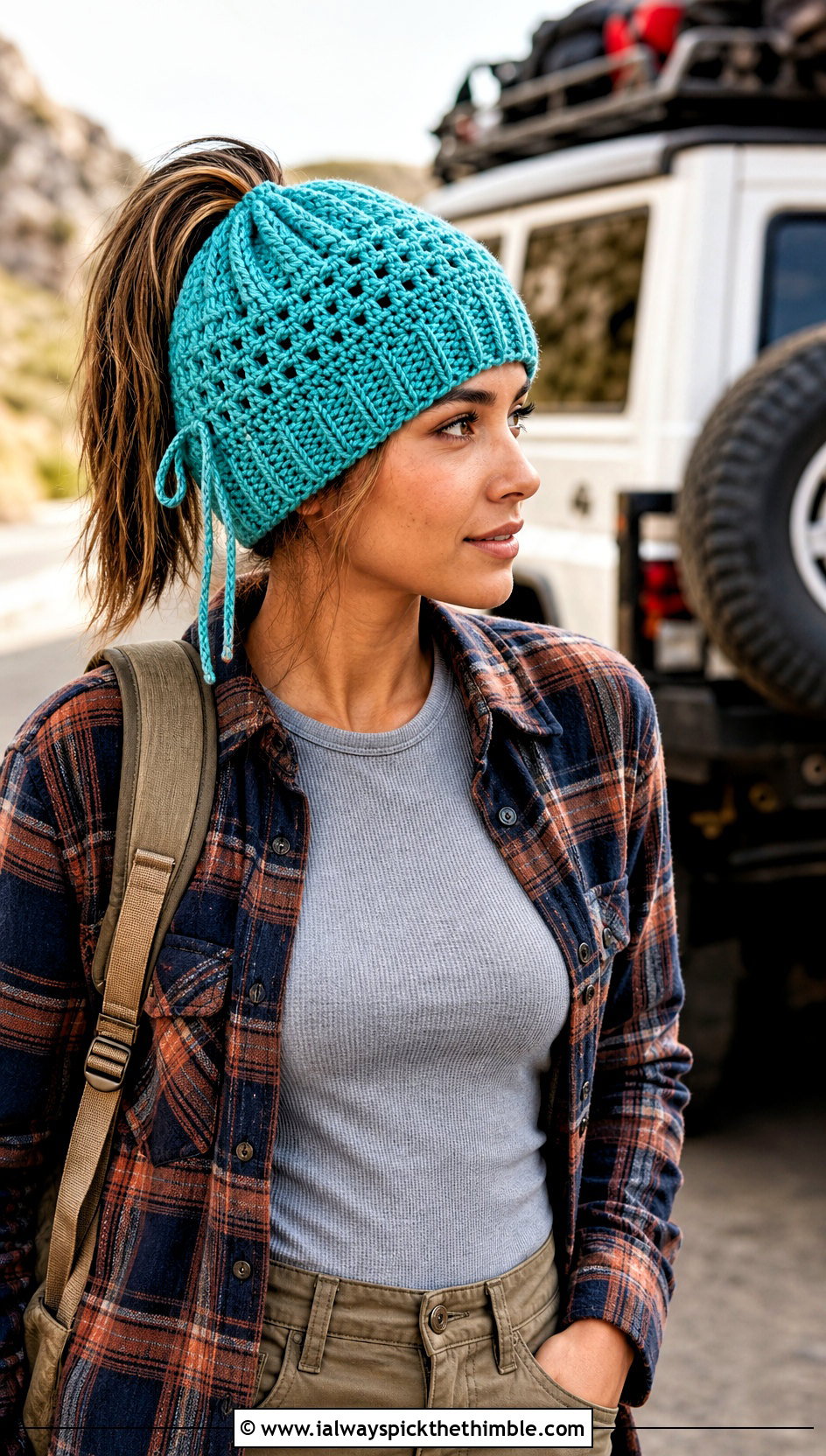 Drawstring Ponytail Crochet Beanie With Overshirt - 20 crochet beanie with ponytail hole outfit ideas
