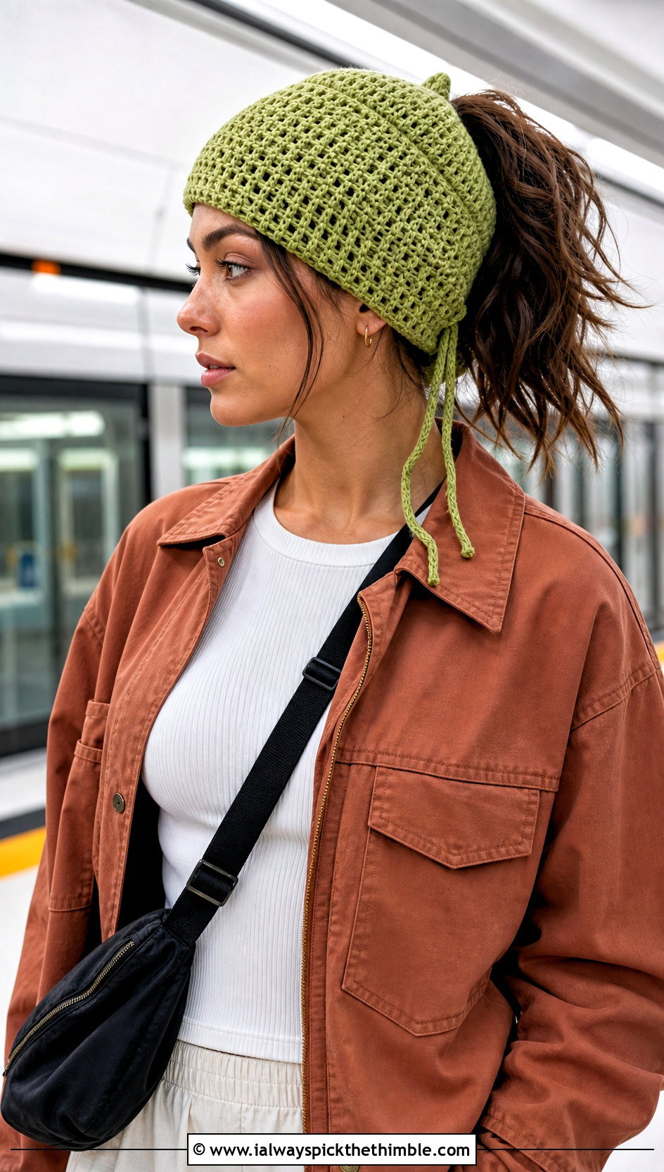 Drawstring Ponytail Crochet Hat With Utility Jacket - 20 ponytail crochet hat outfit ideas