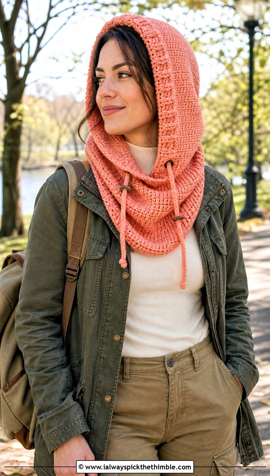 Drawstring Tunisian Hooded Cowl With Utility Jacket - 15 Tunisian Crochet Hooded Cowl outfit ideas