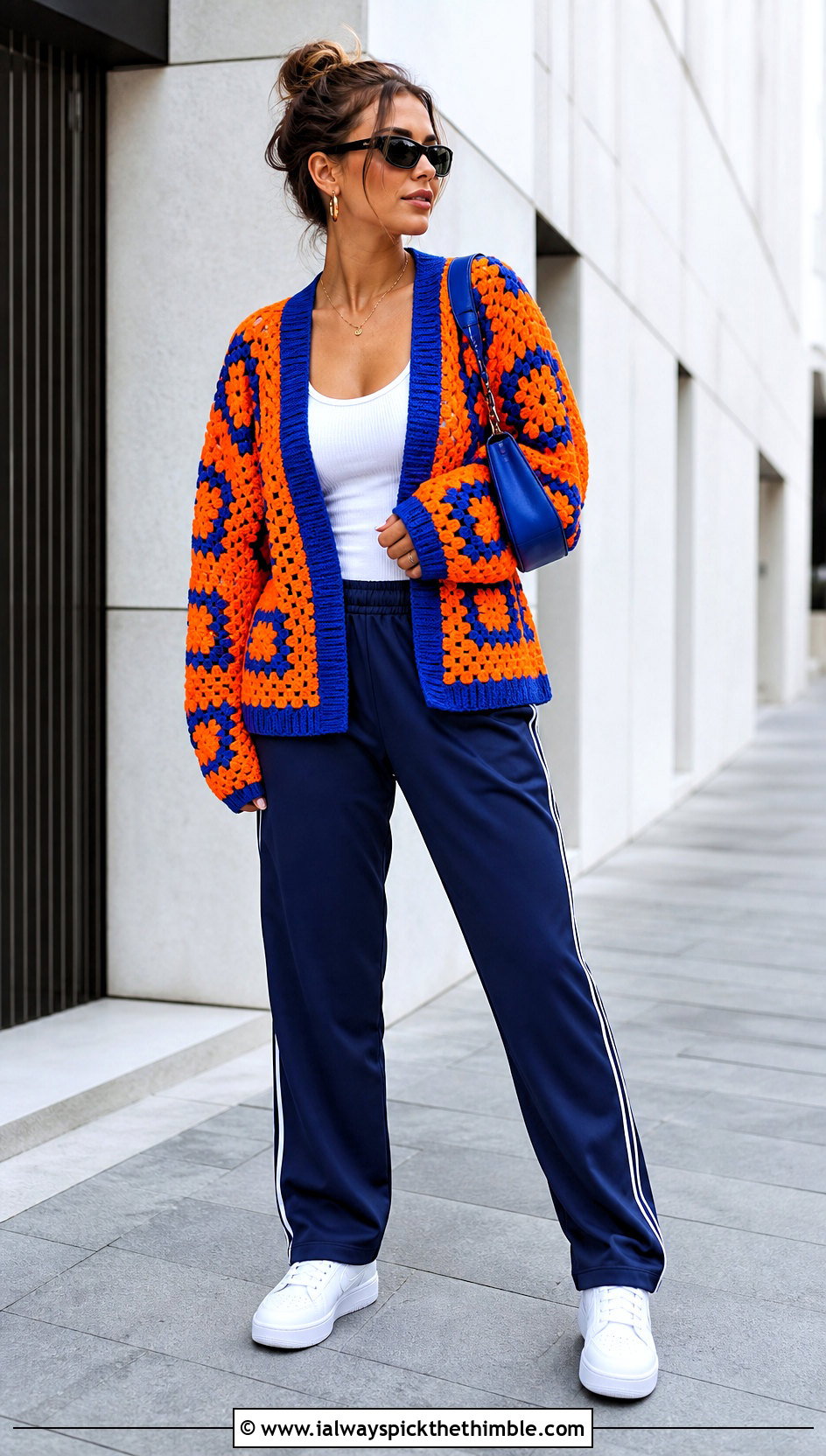 Drop Shoulder Big Granny Square Cardigan With Track Pants - 25 Big Granny Square Cardigan outfit ideas