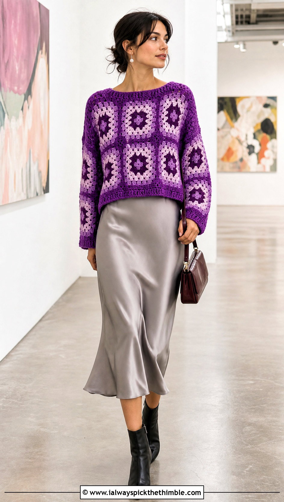 Drop Shoulder Big Granny Square Sweater With Slip Dress - 25 big granny square sweater outfit ideas