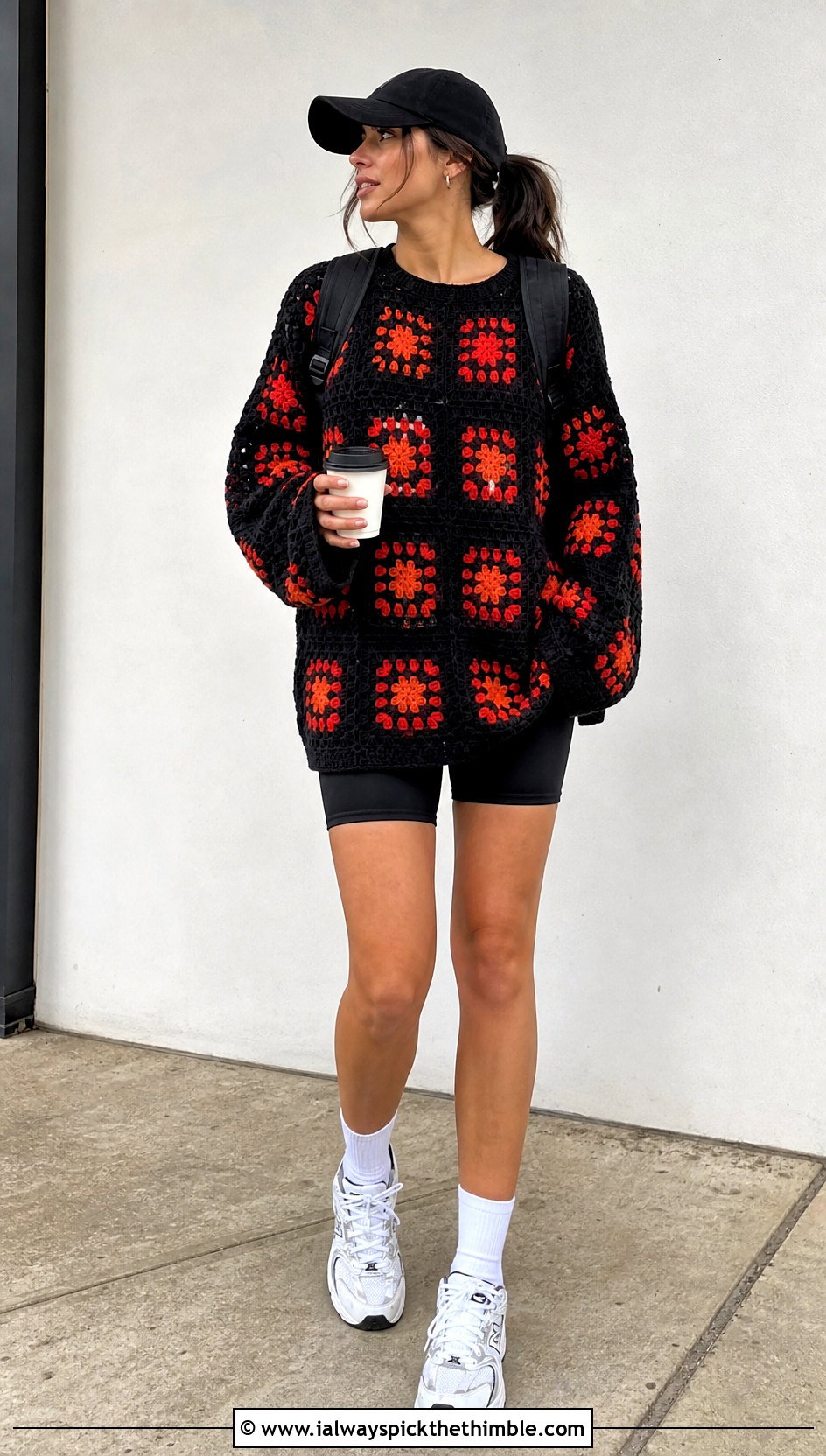 Drop Shoulder Black Granny Square Sweater With Bike Shorts - 20 black granny square sweater outfit ideas
