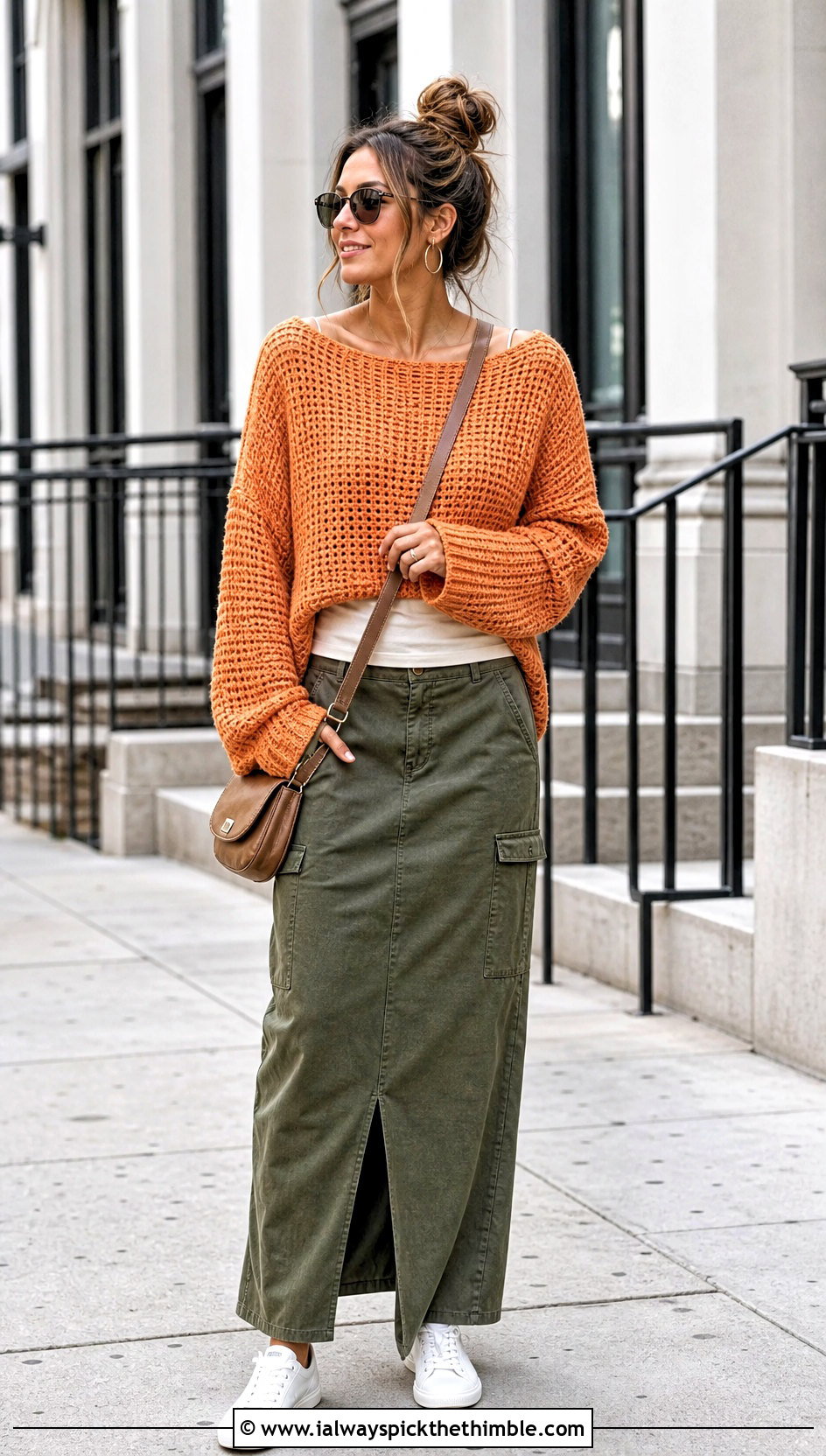 Drop Shoulder Block Stitch Boatneck Crochet Sweater With Utility Skirt - 20 Boatneck Crochet Sweater outfit ideas