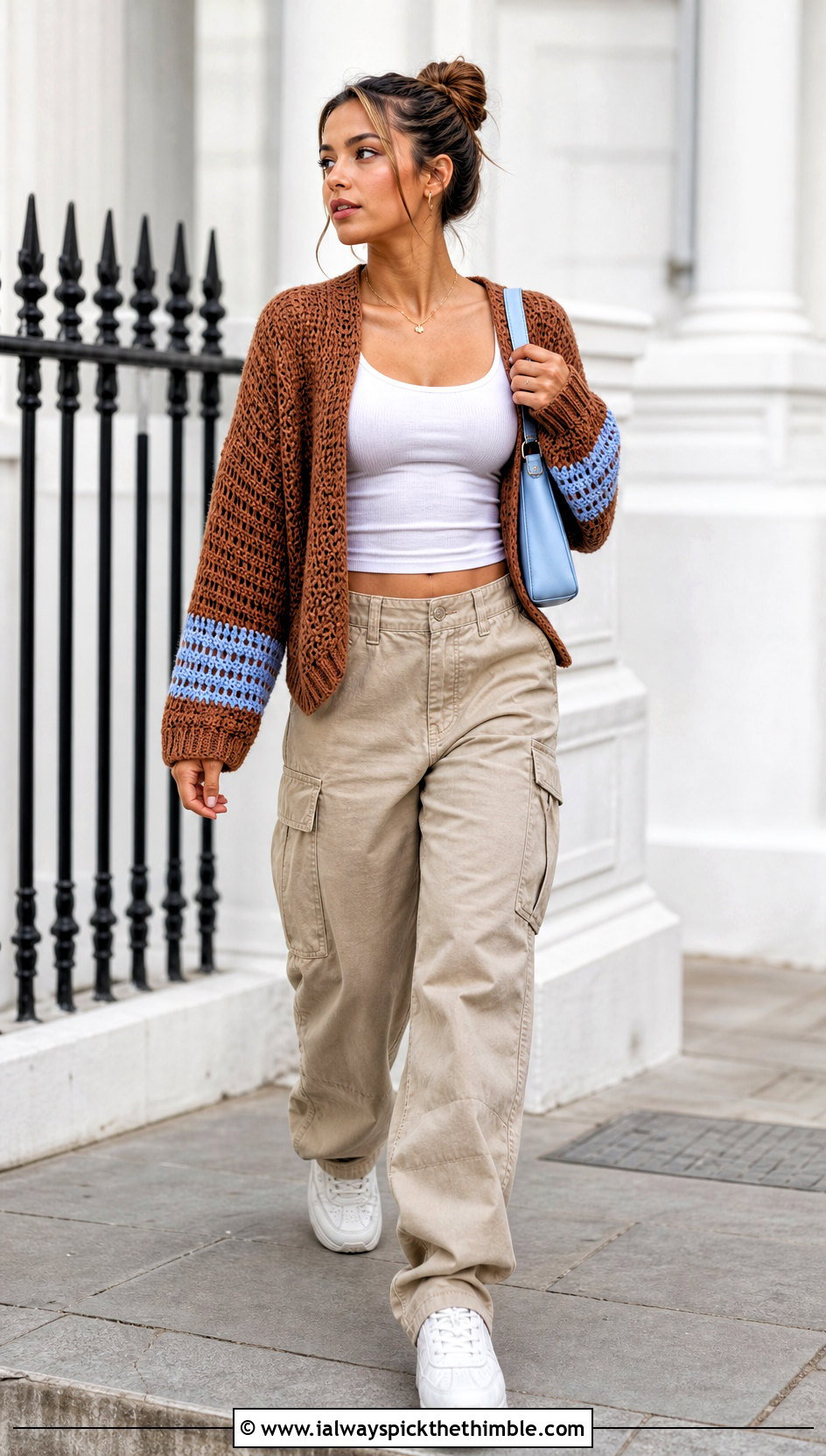 Drop Shoulder Brown Crochet Sweater With Cargo Pants - 25 crochet brown sweater outfit ideas