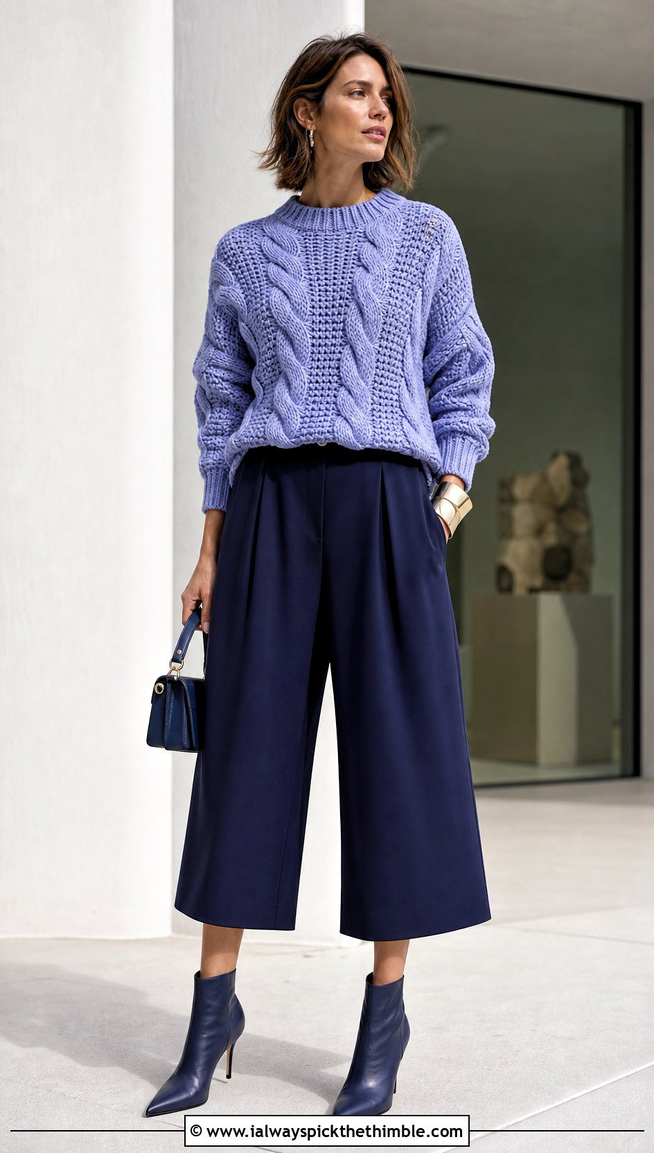 Drop Shoulder Cable Crochet Sweater With Culottes - 25 cable crochet sweater outfit ideas