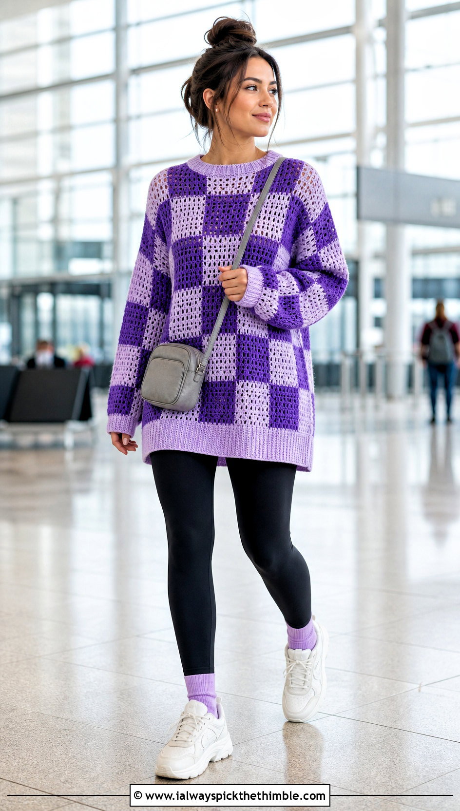 Drop Shoulder Checkered Crochet Sweater With Black Leggings - 20 checkered crochet sweater outfit ideas
