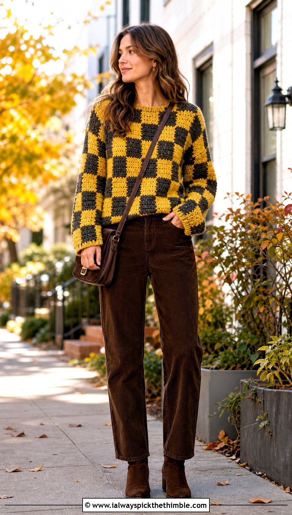 Drop Shoulder Checkered Pullover With Corduroy Pants - 20 crochet checkered sweater outfit ideas