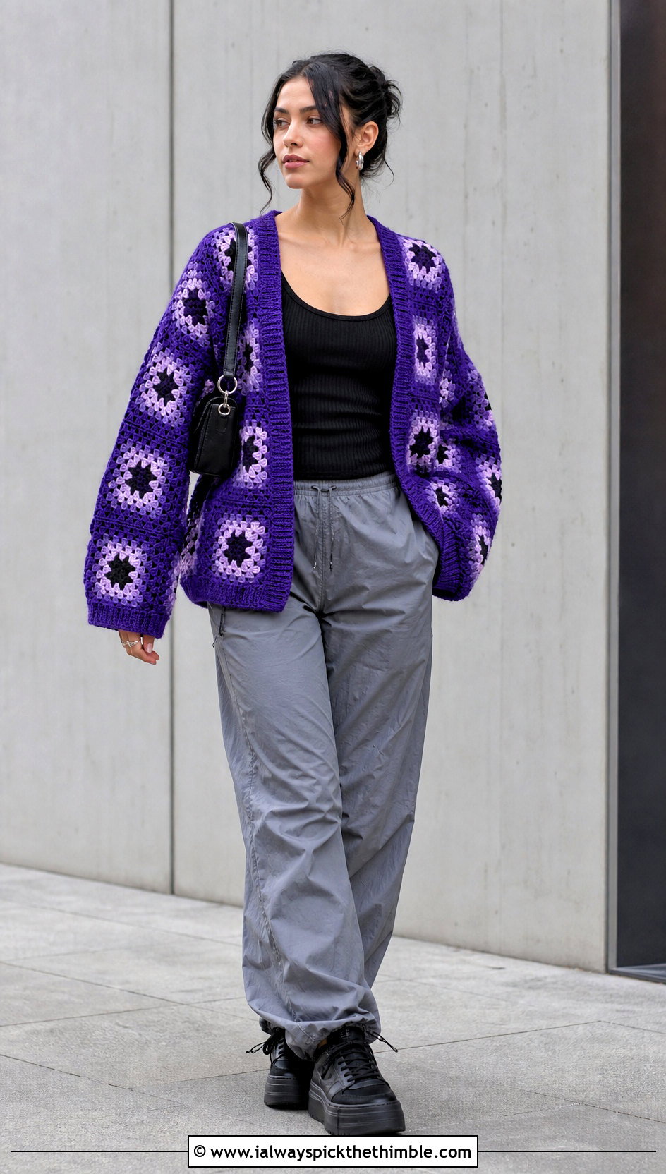 Drop Shoulder Chunky Granny Square Cardigan With Parachute Pants - 25 Chunky Granny Square Cardigan outfit ideas