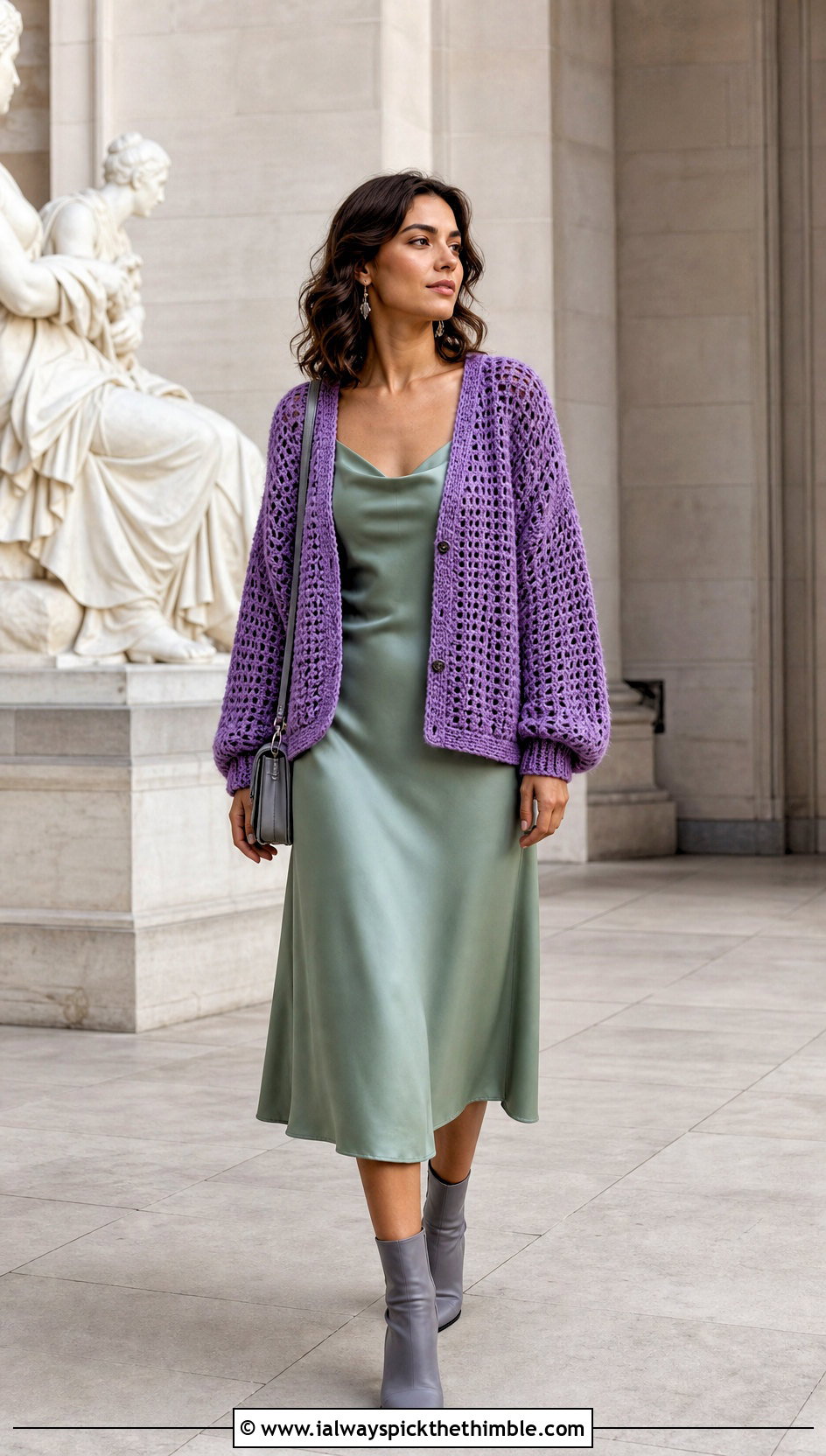 Drop Shoulder Crochet Balloon Sleeve Cardigan With Slip Dress - 20 crochet balloon sleeve cardigan outfit ideas