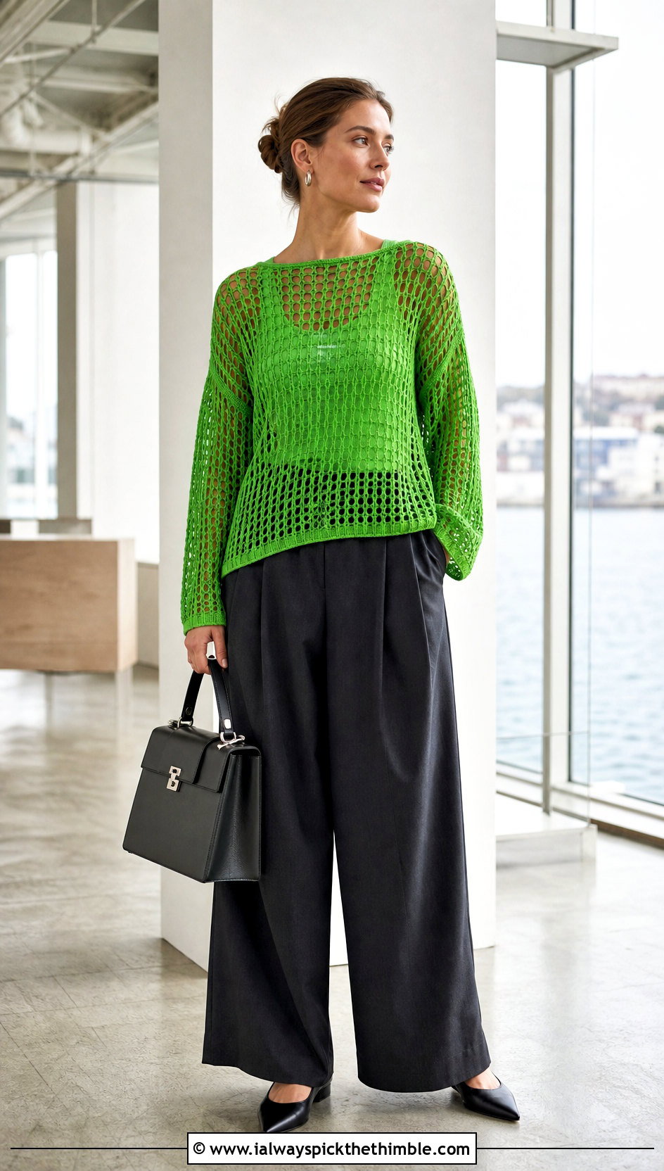 Drop Shoulder Crochet Beach Sweater With Tailored Trousers - 20 Crochet Beach Sweater outfit ideas