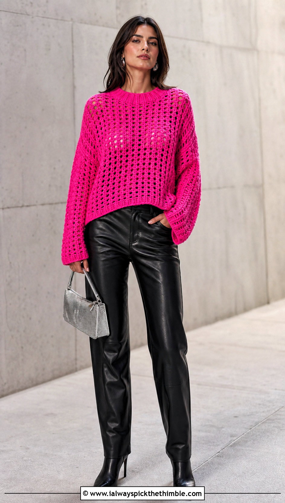 Drop Shoulder Crochet Boxy Sweater With Leather Pants - 20 Crochet Boxy Sweater outfit ideas