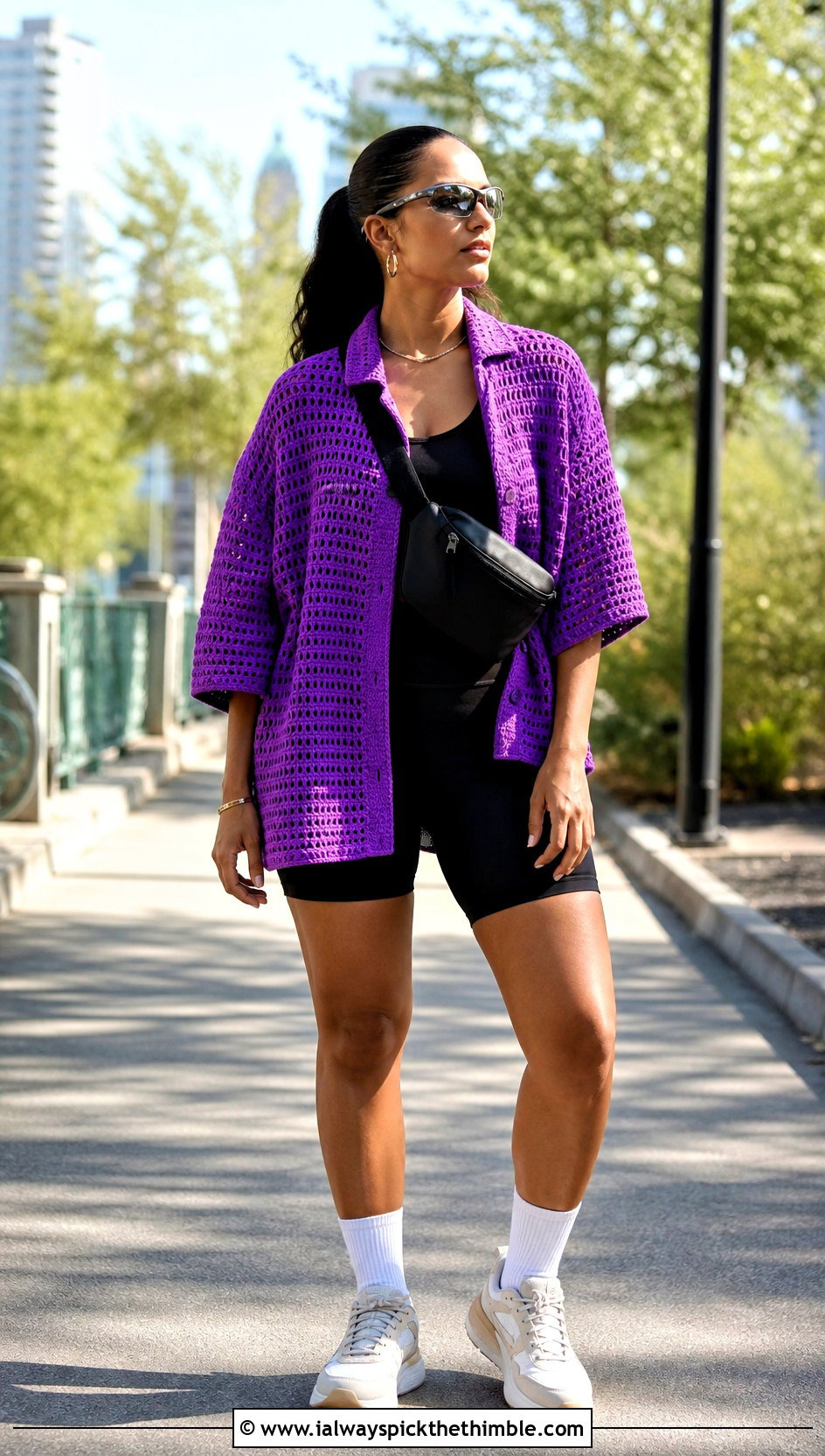 Drop Shoulder Crochet Camp Shirt With Biker Shorts - 25 crochet collared shirt outfit ideas