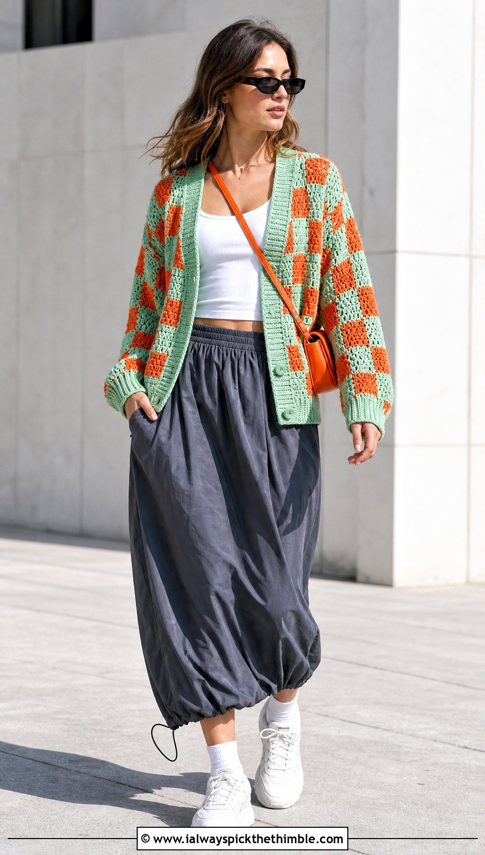 Drop Shoulder Crochet Checkered Cardigan With Parachute Skirt - 25 crochet checkered cardigan outfit ideas